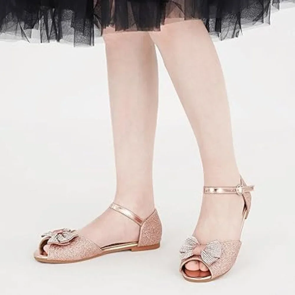 Aomigoct Girls Size 4 Rose Gold Silver Bow Glitter Princess Flat Sandal Shoes
